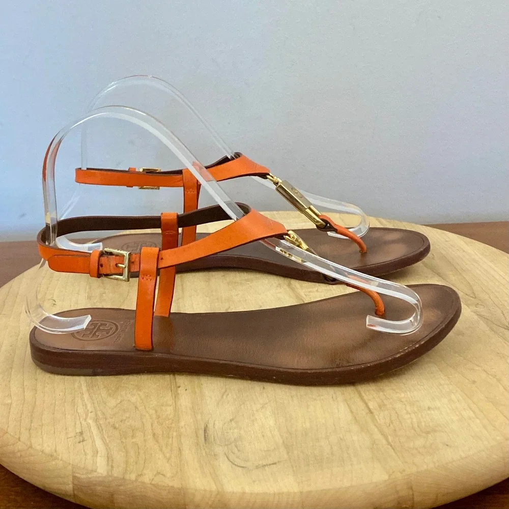 Tory Burch Padlock Orange Leather T-Strap Thong Flat Sandals Sz 6 M Gold-Tone